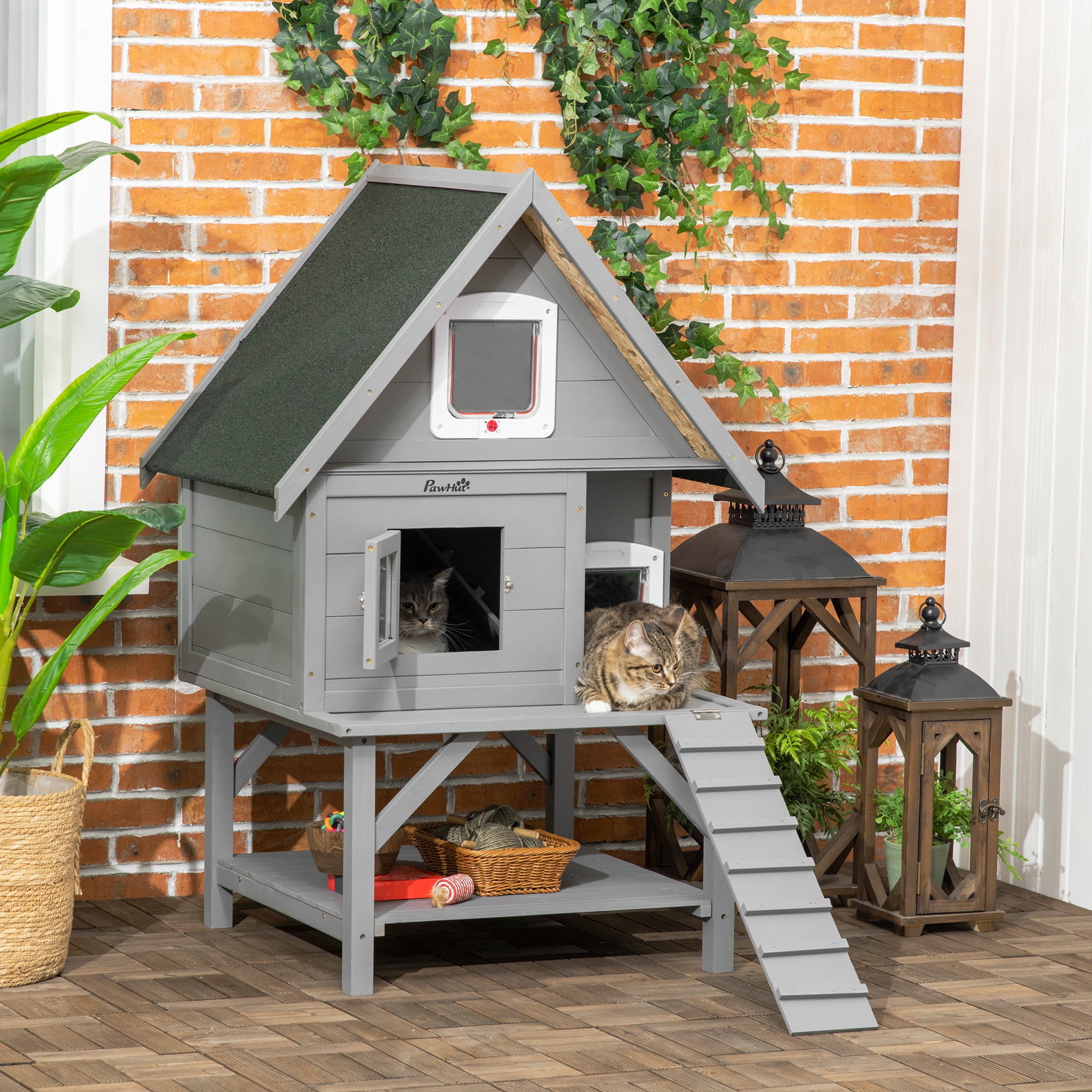 Gray Wooden 3-Story Outdoor Cat House with Weatherproof Roof