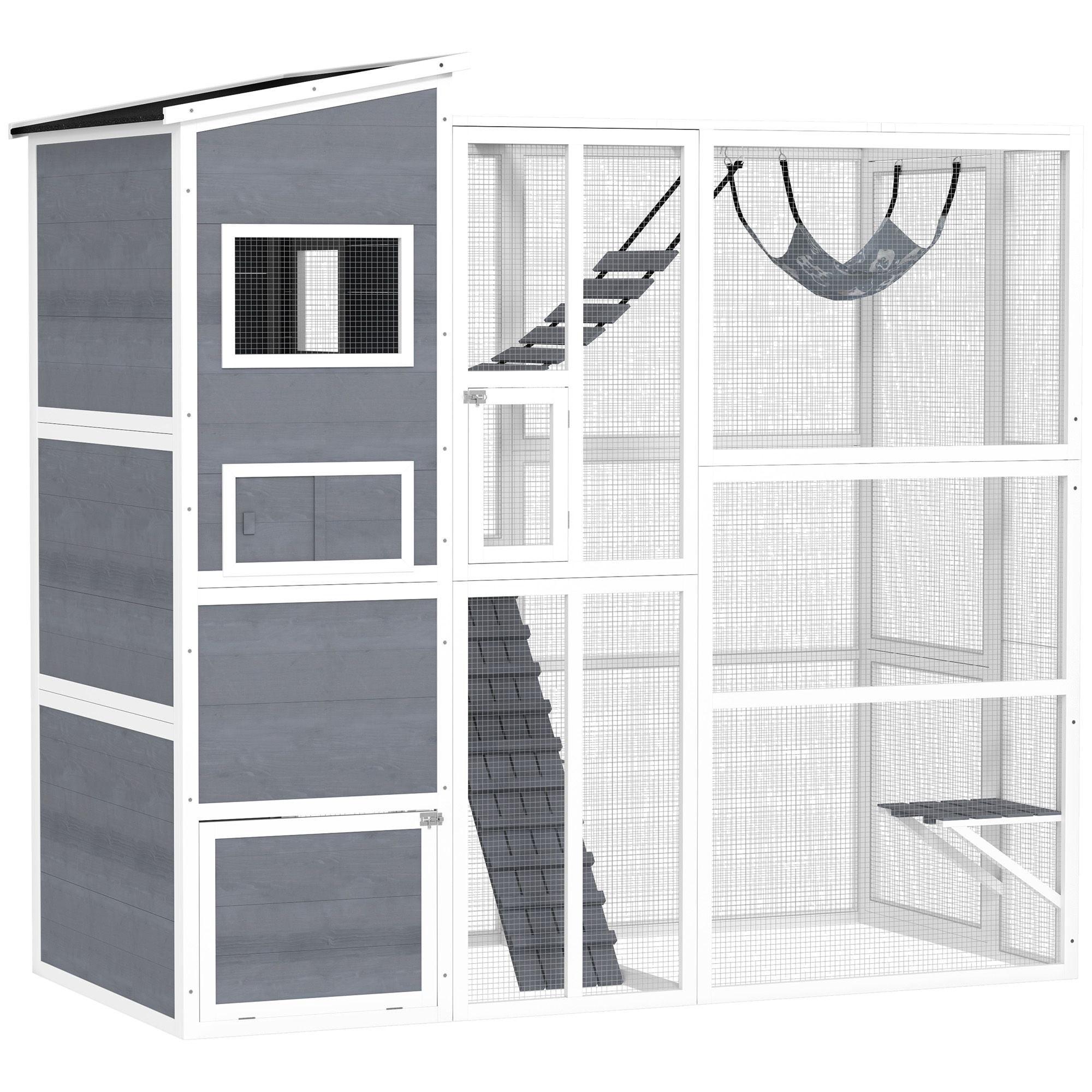 PawHut Large Outdoor Catio Enclosure, 76"W x 67.9"H Gray Fir Wood Cat Patio with 4-Tier House, Ramps, Hammock & Platforms for Backyard, Garden, and Secure Pet Play Space