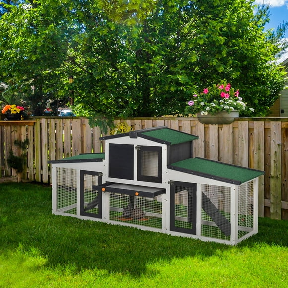 PawHut Large Rabbit Hutch with Double Runs, Wooden Guinea Pig Cage Outdoor with Removable Tray, Ramps, Roof, 78" x 19" W x 34", Gray
