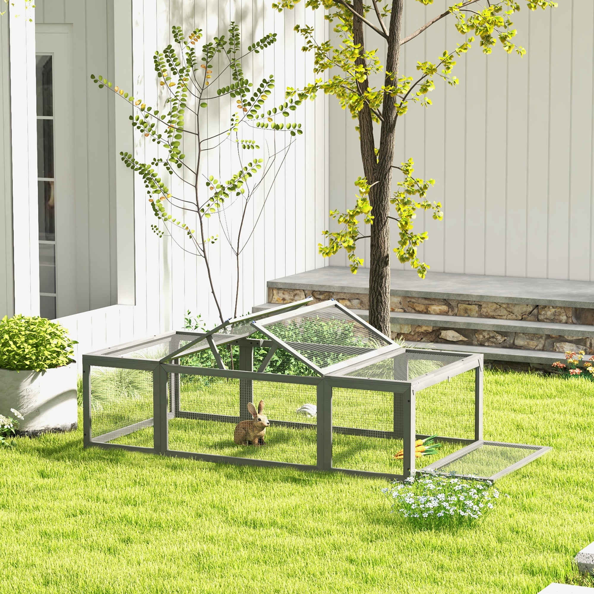Gray Large Wooden Outdoor Rabbit and Guinea Pig Hutch