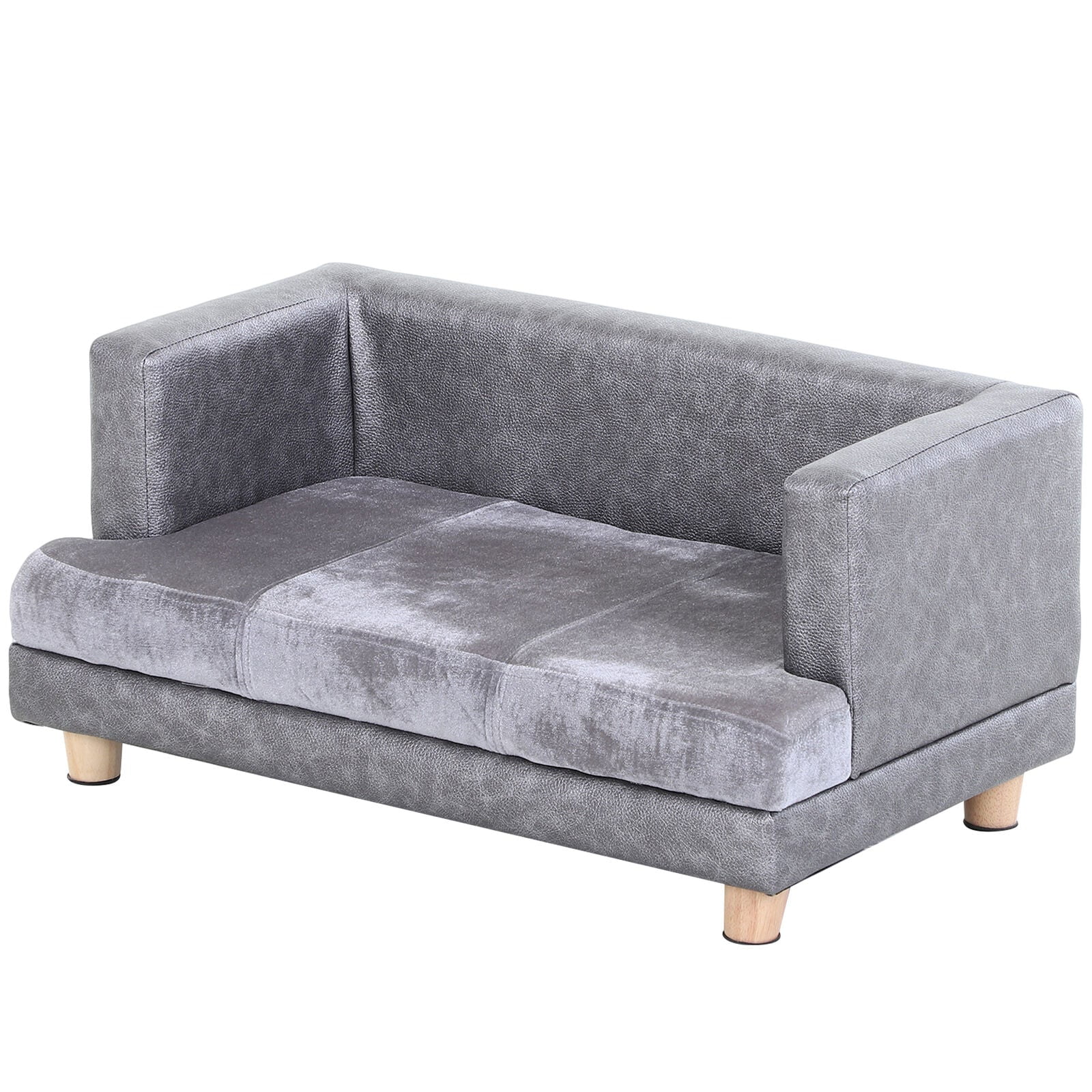 Small Gray Faux Leather and Fuzzy Dog Sofa Bed