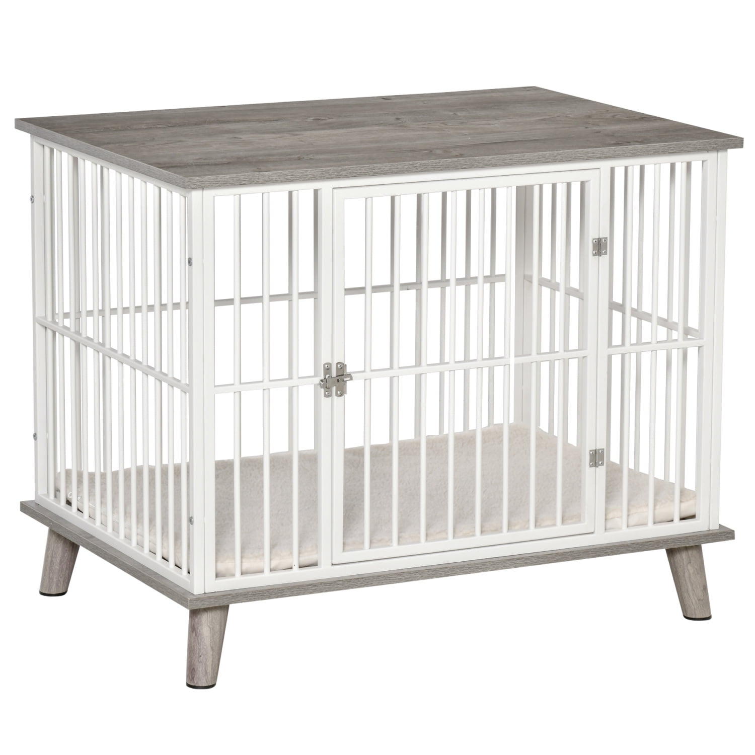 Curated visual reference: Pawhut Medium Grey Wooden Dog Crate Lockable Cushioned Pet Furniture Photo Inspiration