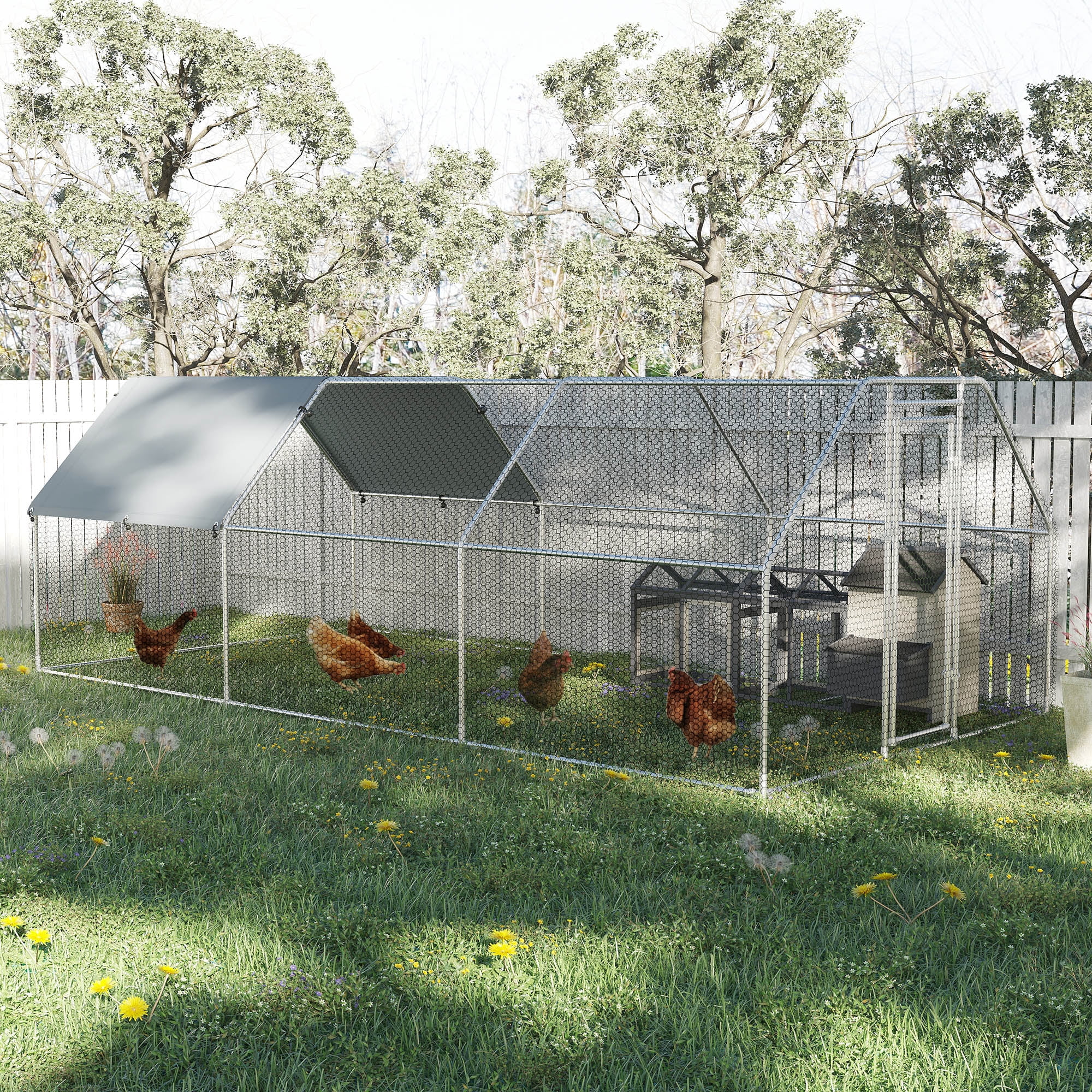 Large Silver Metal Walk-In Chicken Coop with Roof