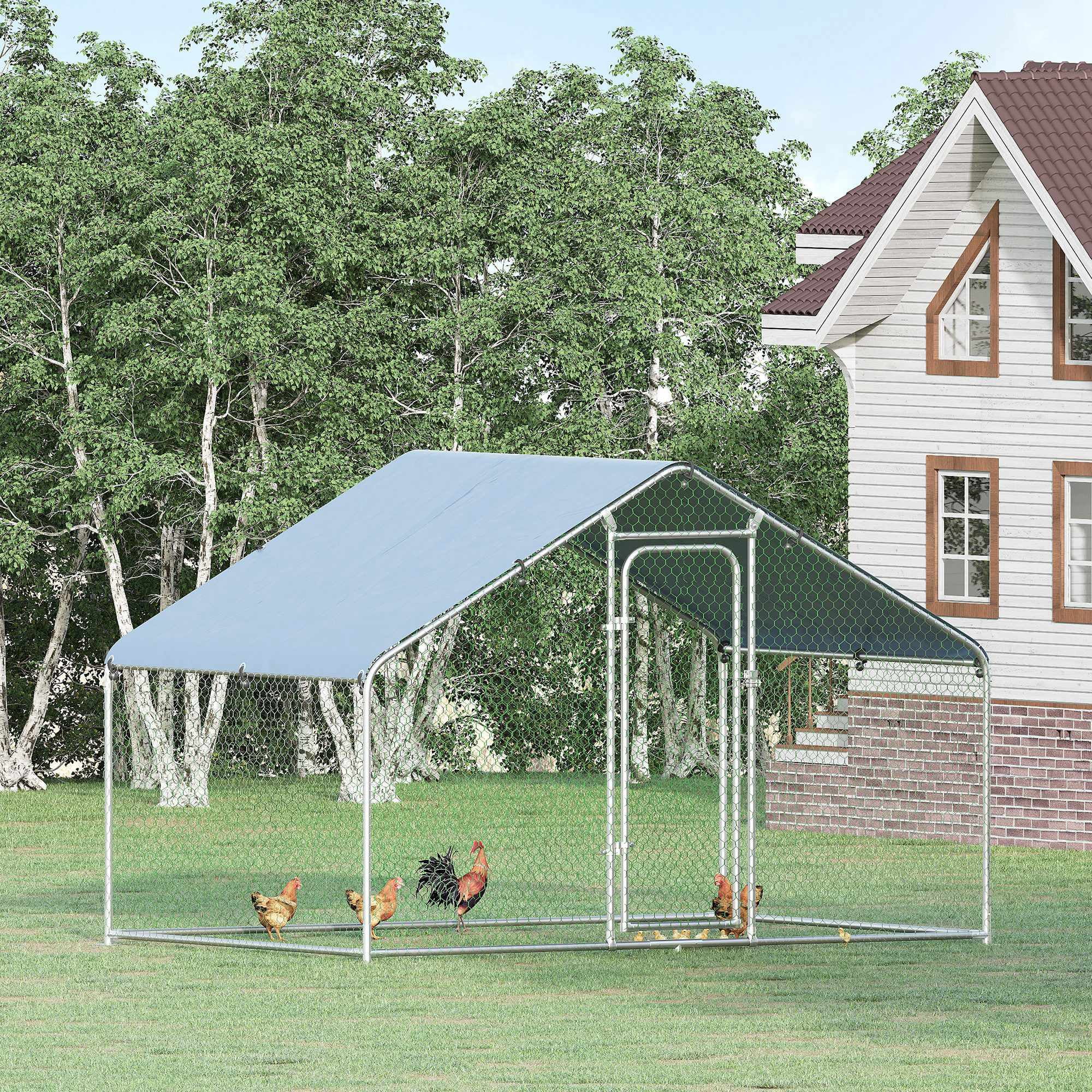 Large Silver Metal Walk-In Chicken Coop with UV Cover