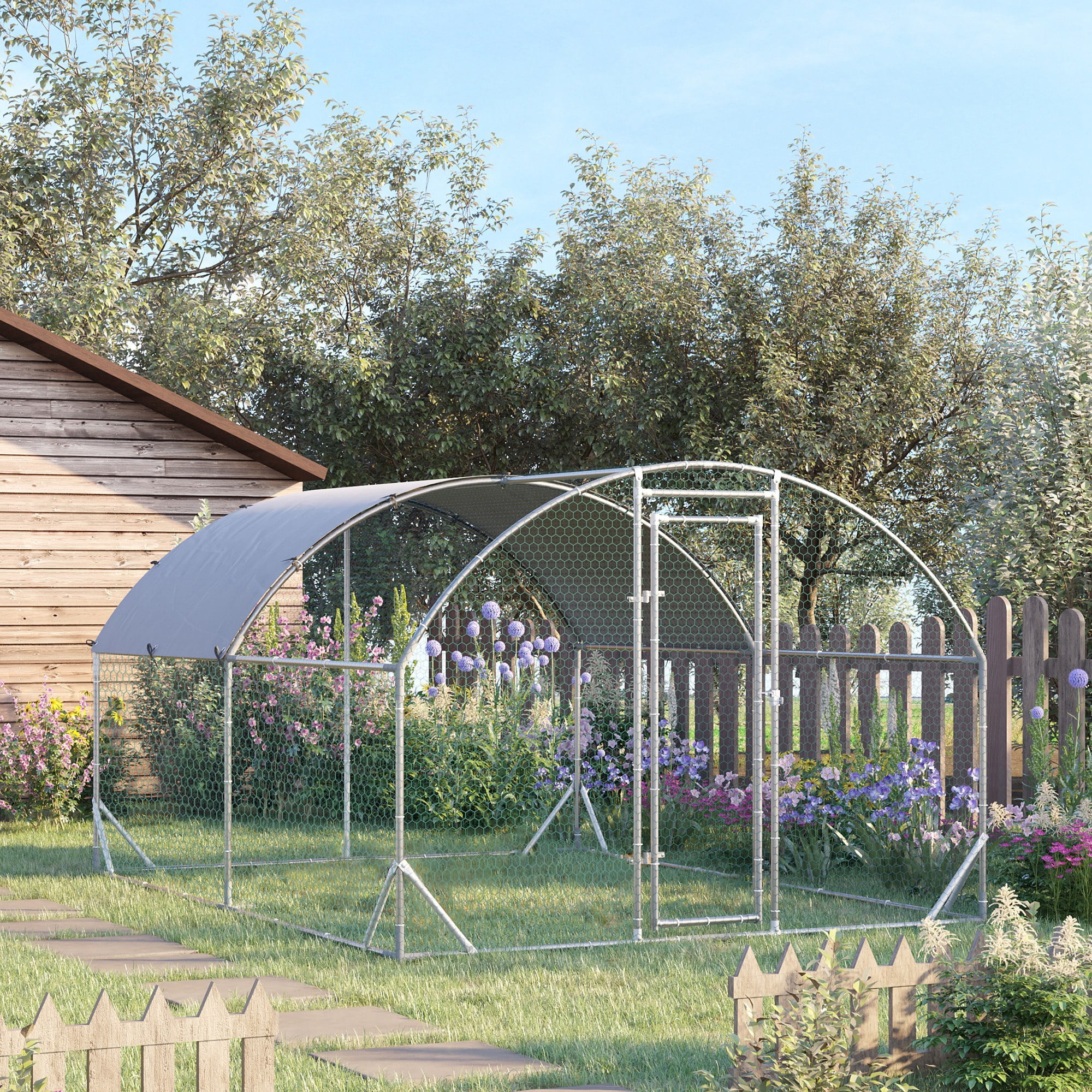 Large Silver Metal Walk-In Chicken Coop with UV Resistant Cover