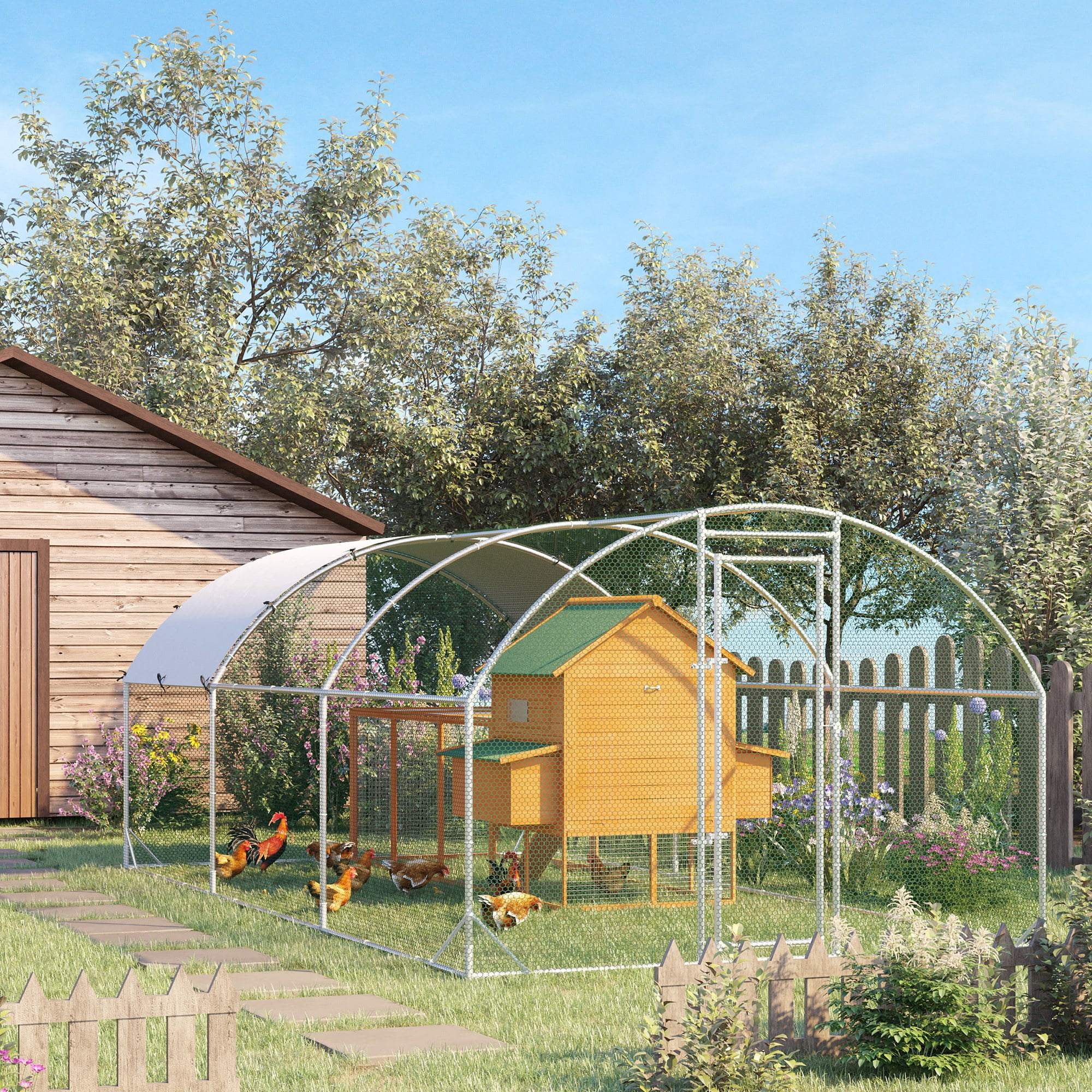 PawHut Metal Chicken Coop Walk-in Enclosure with Cover 9.2' x 18.7' x 6.5'