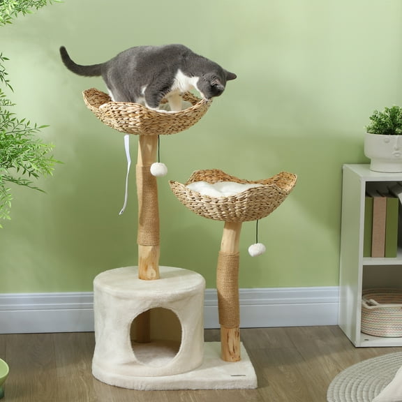 PawHut Modern Cat Tree with Wooden Scratching Posts, Condo, Beds & Cushions