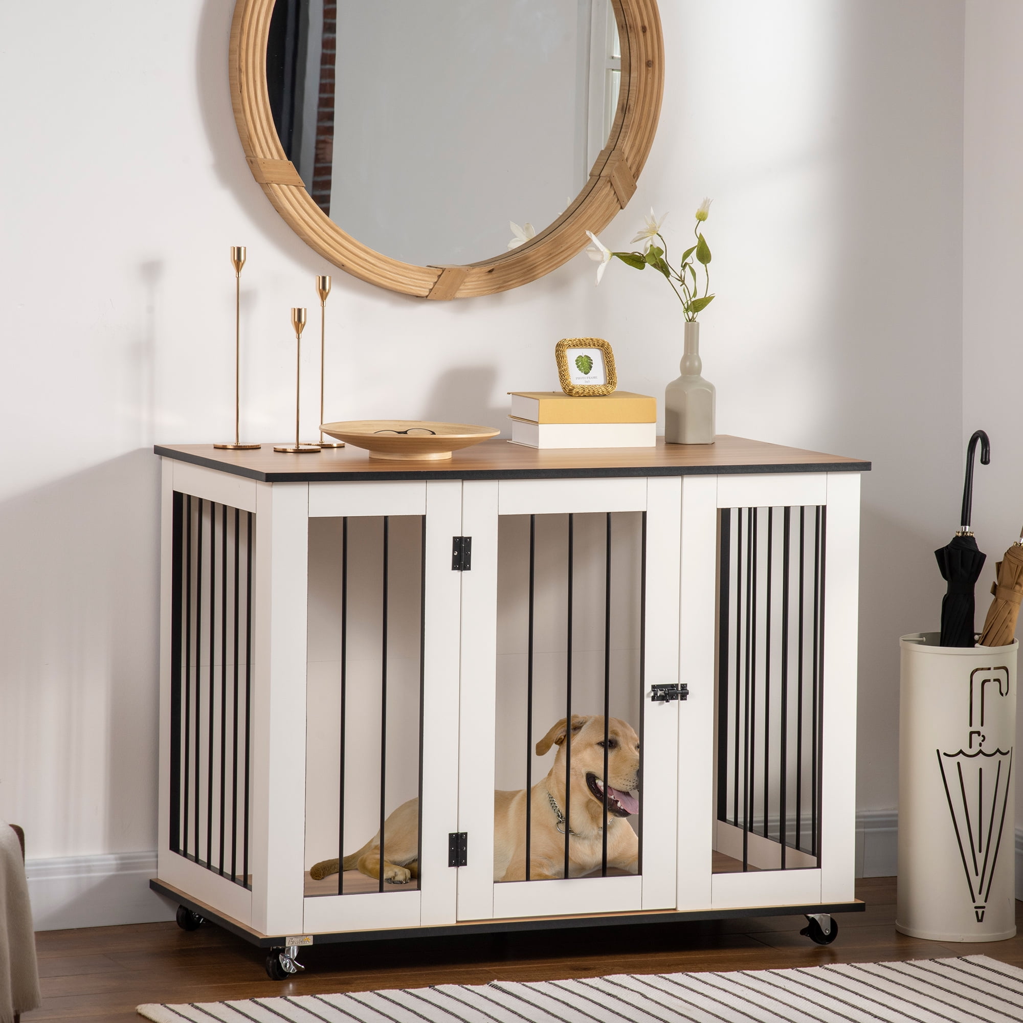 Large White Rolling Dog Crate Table with Lockable Door