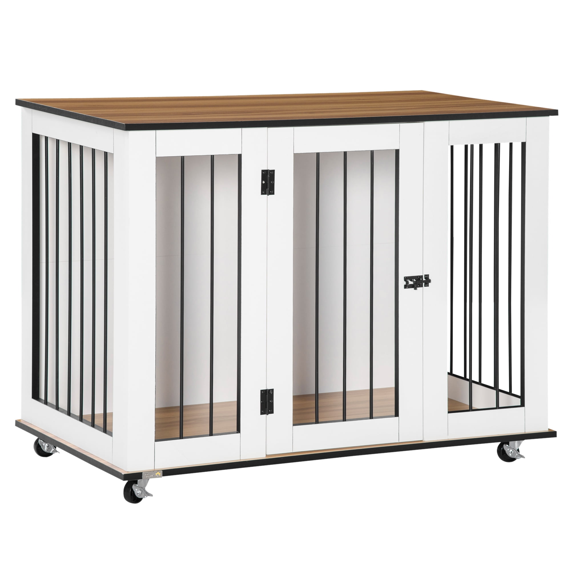 PawHut Modern Dog Crate End Table on Wheels, Dog Crate Furniture, White