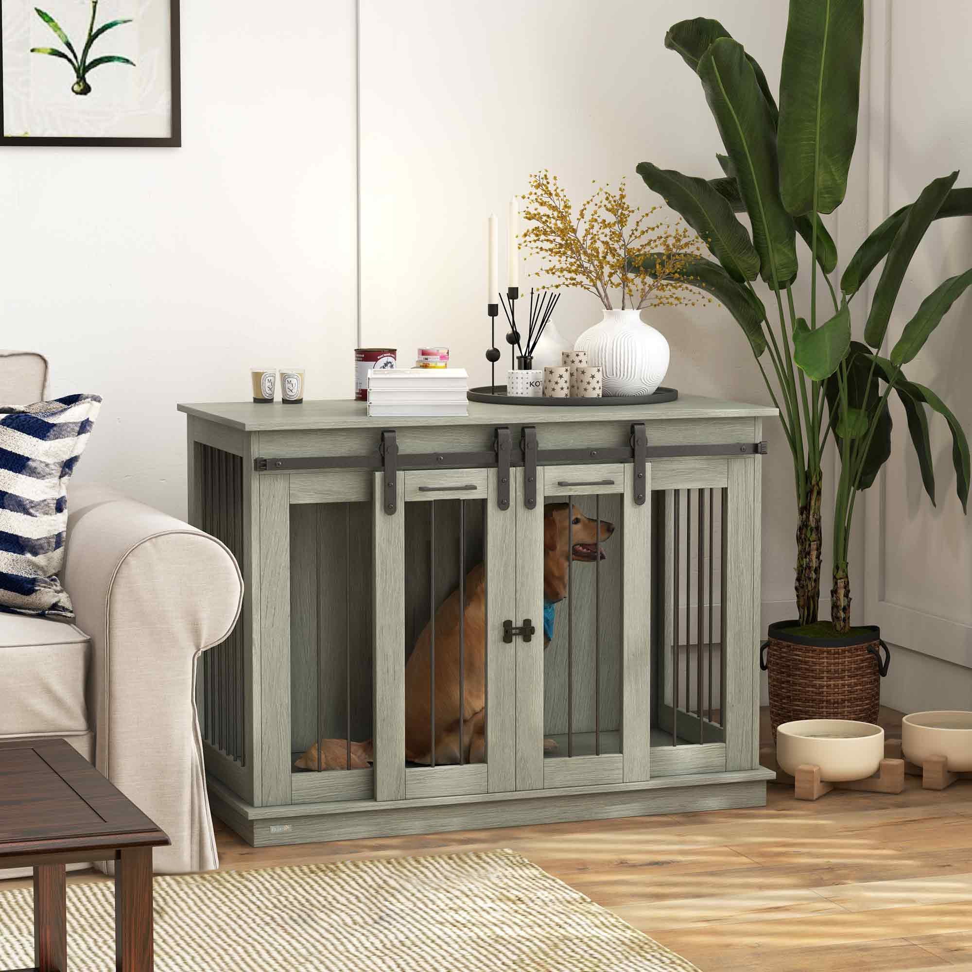 Large Gray Wood and Metal Dog Crate Table with Divider