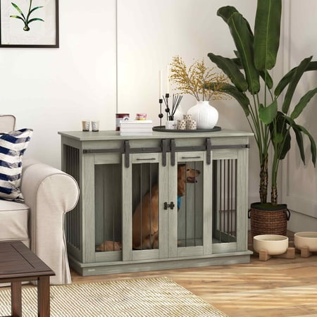 PawHut Modern Dog Crate End Table with Divider Panel, Gray
