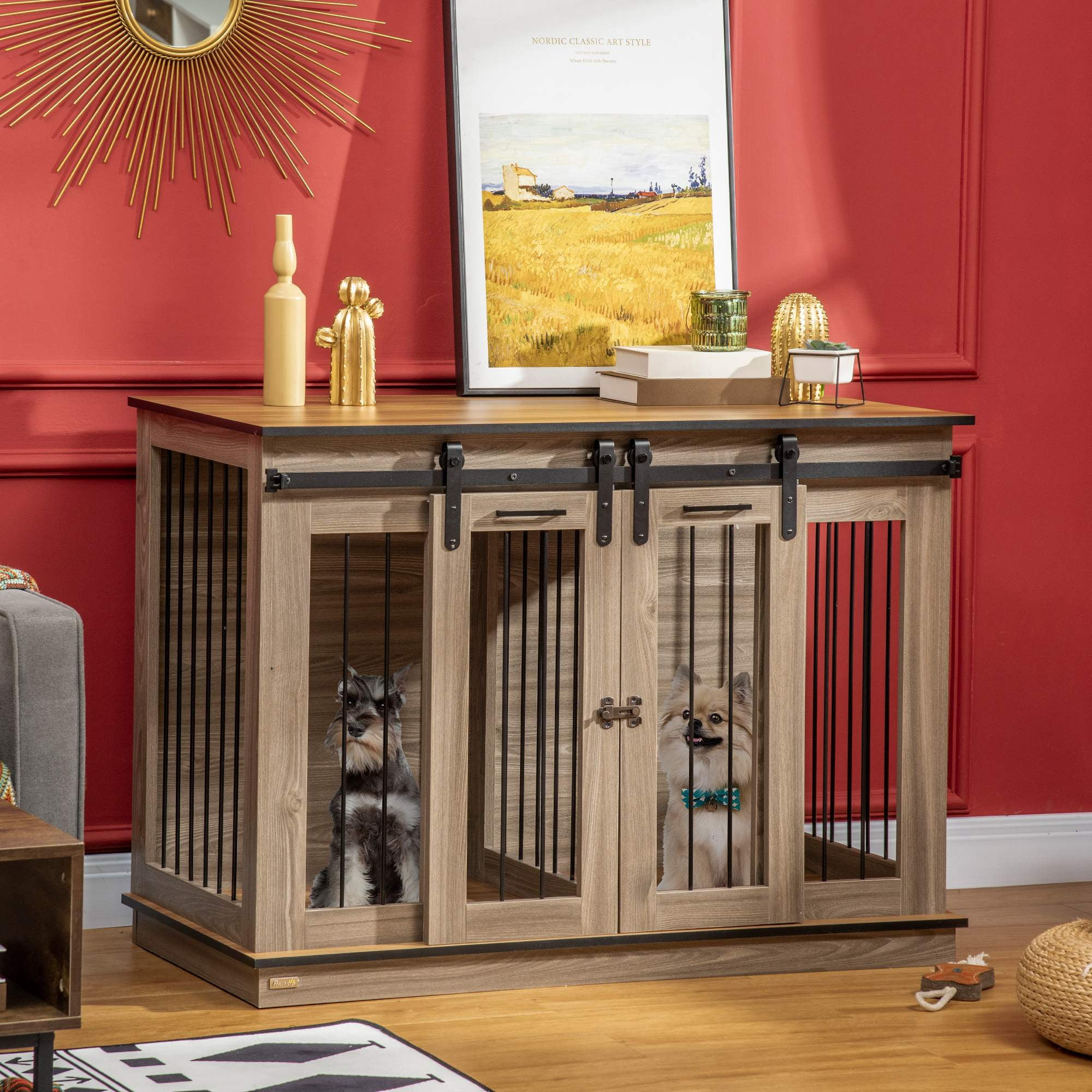 Large Oak Brown Dog Crate End Table with Sliding Doors