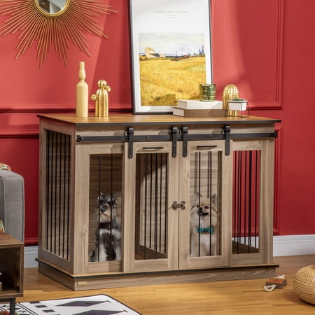PawHut Modern Dog Crate End Table with Divider Panel, Oak