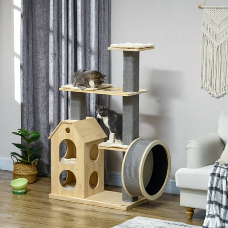 PawHut Modern Small Cat Tree W/ Scratchers & Wheel, Wooden Cat Tower