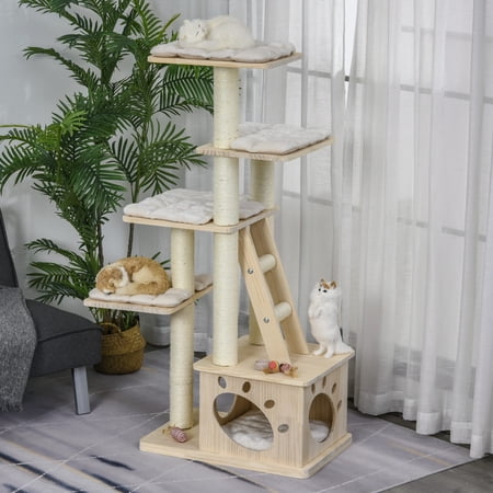 PawHut Multi-Level Cat Tree Condo Furniture with Sisal-Covered Scratching Posts Activity Center for Pets with Soft Cushion Luxury Cat Tower Natural