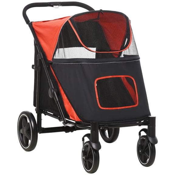 PawHut One-Click Foldable Dog Stroller for Large Dogs, Pet Stroller with Shock Absorption, Mesh Window, Safety Leash, Red Steel Frame, 44L x 25.5W x 39.25H inches