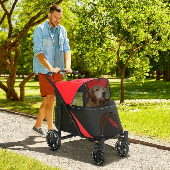 PawHut One-Click Foldable Dog Stroller for M L Dogs, Pet Stroller, Red