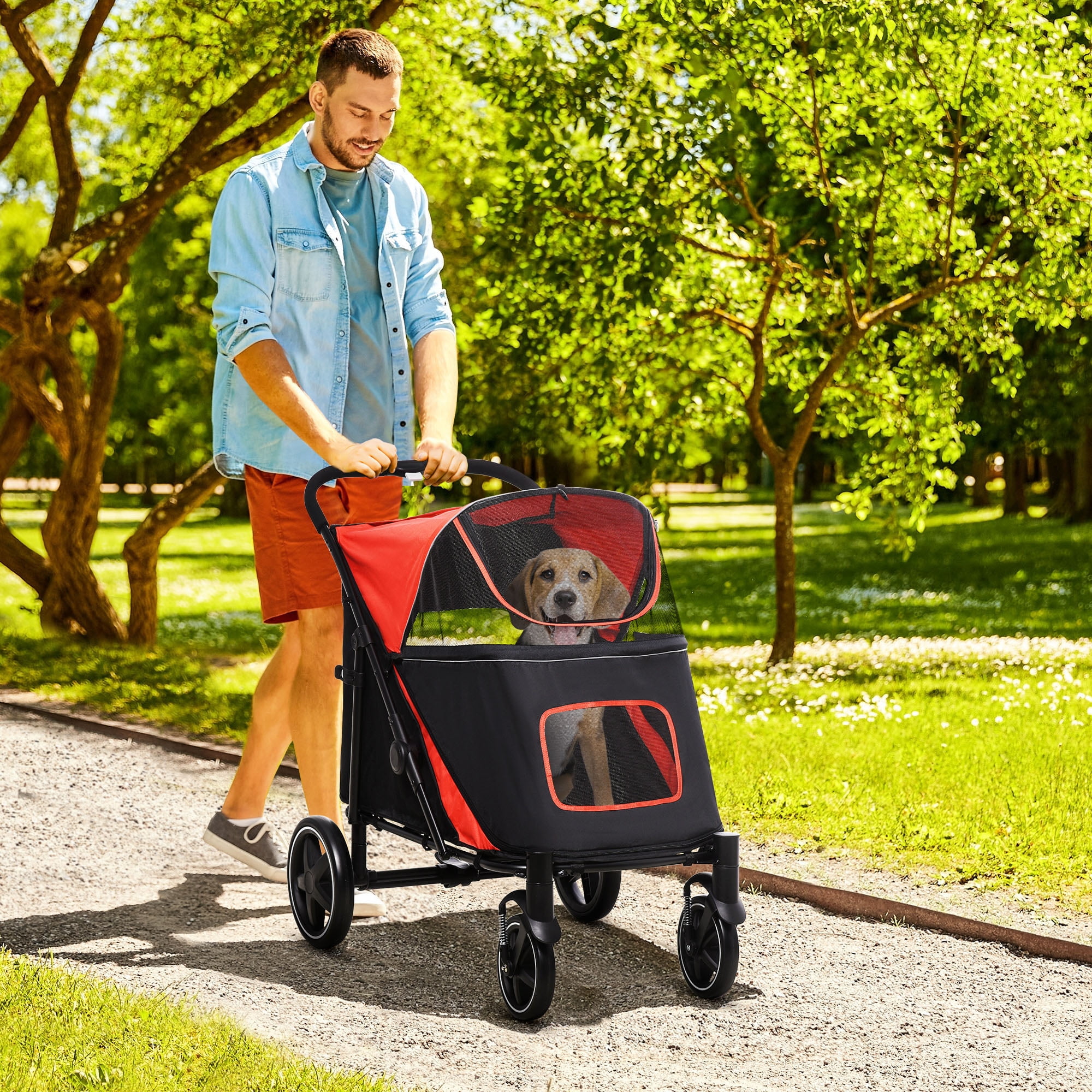 PawHut Red and Black Foldable Dog Stroller with Storage