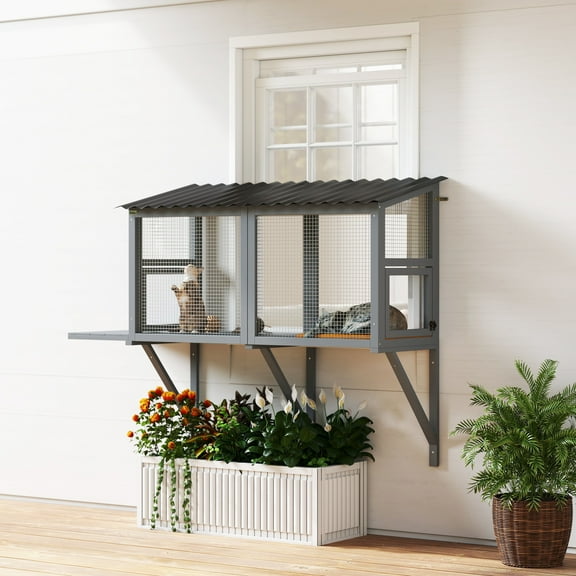 PawHut Outdoor Cat Catio, Wooden Cat Enclosure Window Perch with Jumping Platform, for Safely Enjoying Outdoor Sights, Playing, Sunbathing, Napping