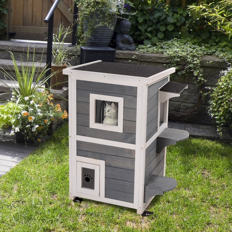 PawHut Outdoor Feral Cat House With Openable Asphalt Roof - Grey Wood Shelter