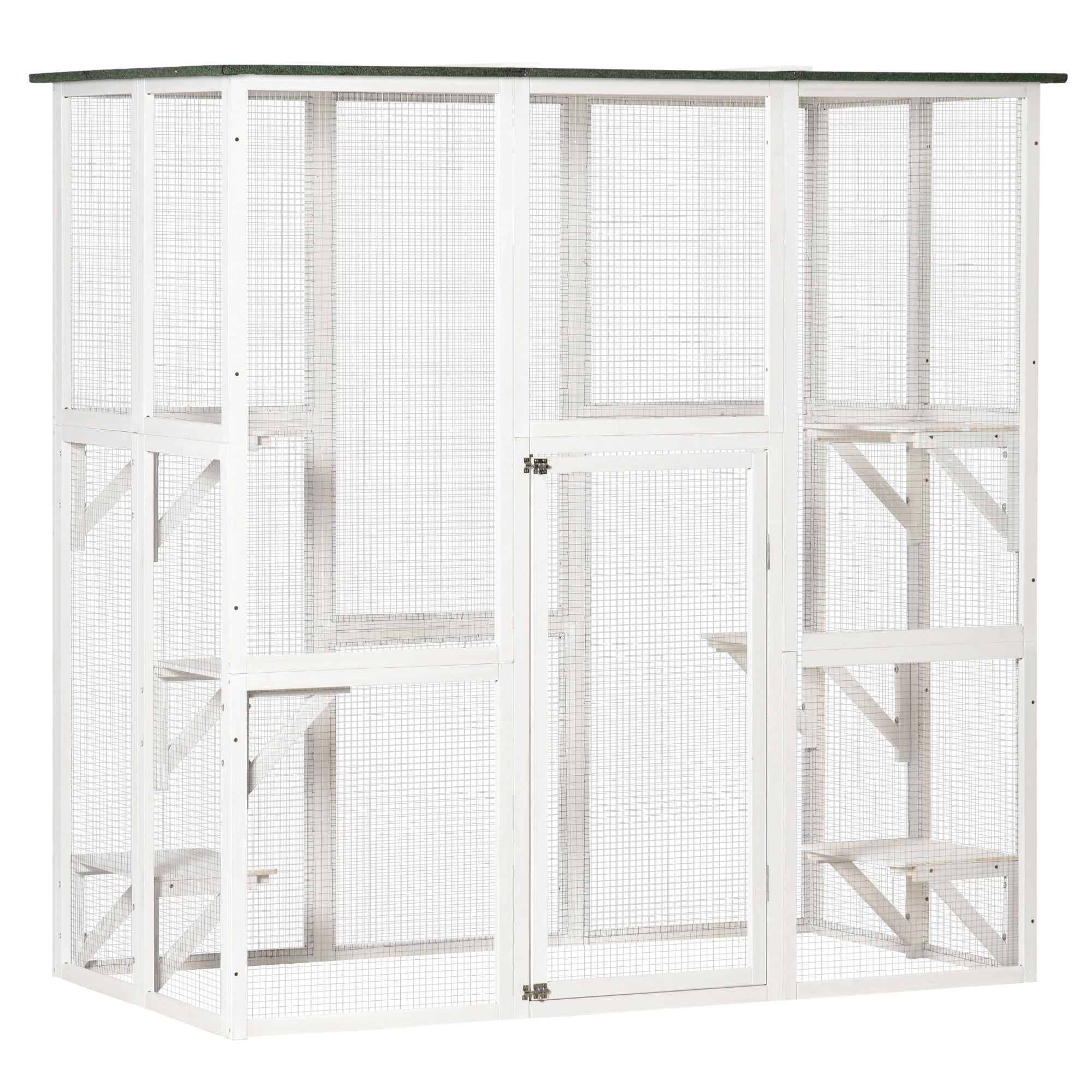 PawHut Outdoor Cat House Big Catio Wooden Feral Cat Shelter Enclosure with Large Spacious Interior, 6 High Ledges, Weather Protection Asphalt Roof, 71" L, White