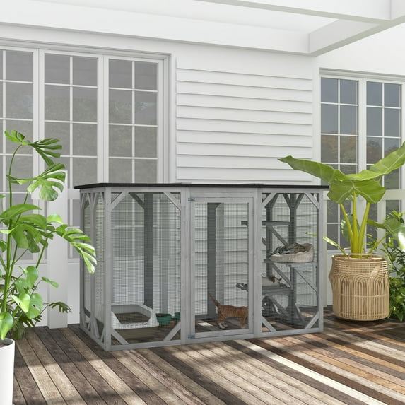PawHut Outdoor Cat House, Catio Wooden Feral Cat Shelter, Cat Cage with Platforms, Large Enter Door, Weather Protection Asphalt Roof, 71" L, Gray