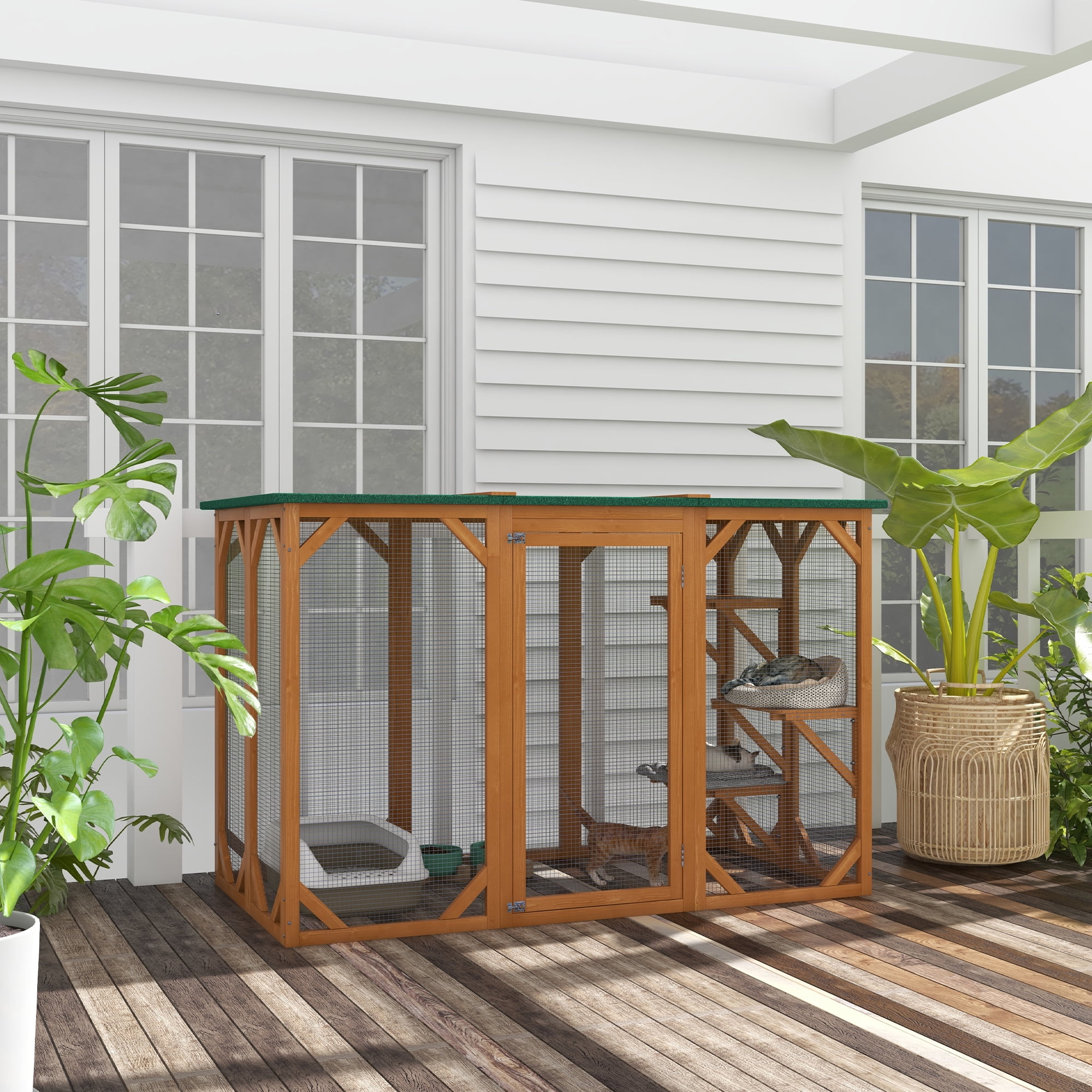 PawHut D32 002GY 71 in. L Grey Wooden Outdoor Cat House with Asphalt Roof Multi Level Platforms and Large Enter Door