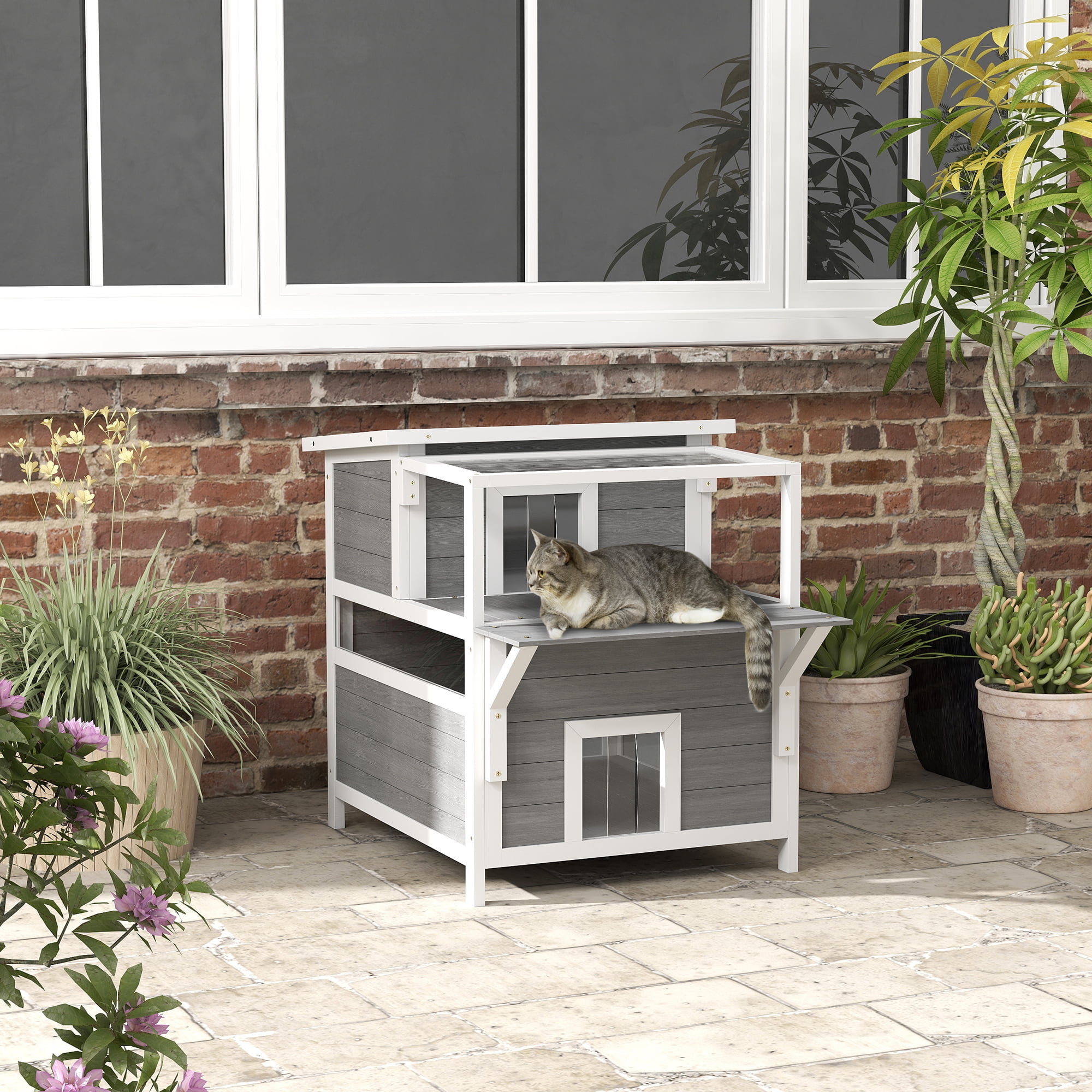 PawHut Outdoor Cat House with Balcony, Feral Cat Shelter with