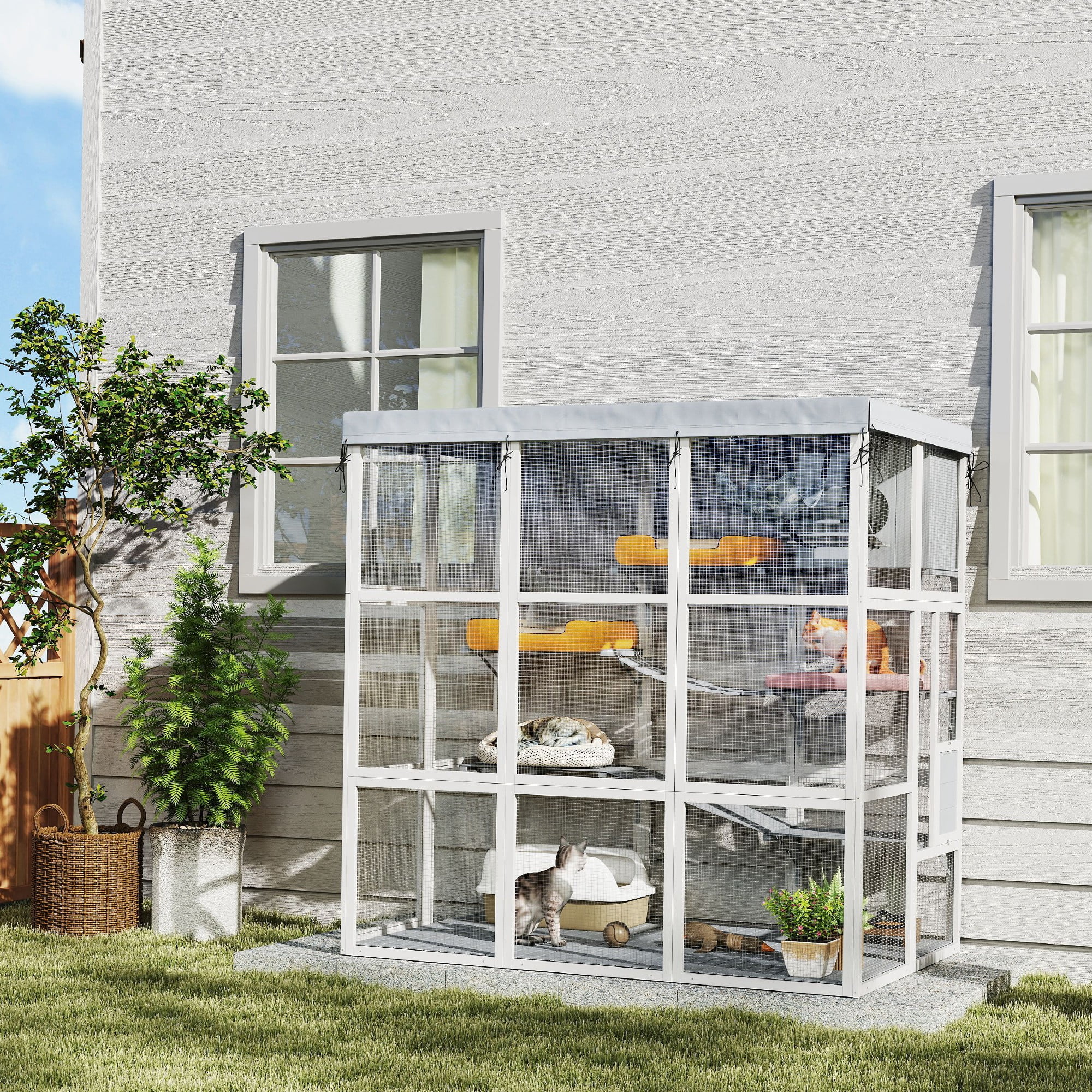 Large Gray Wooden Outdoor Cat Enclosure with Hammock and Platforms