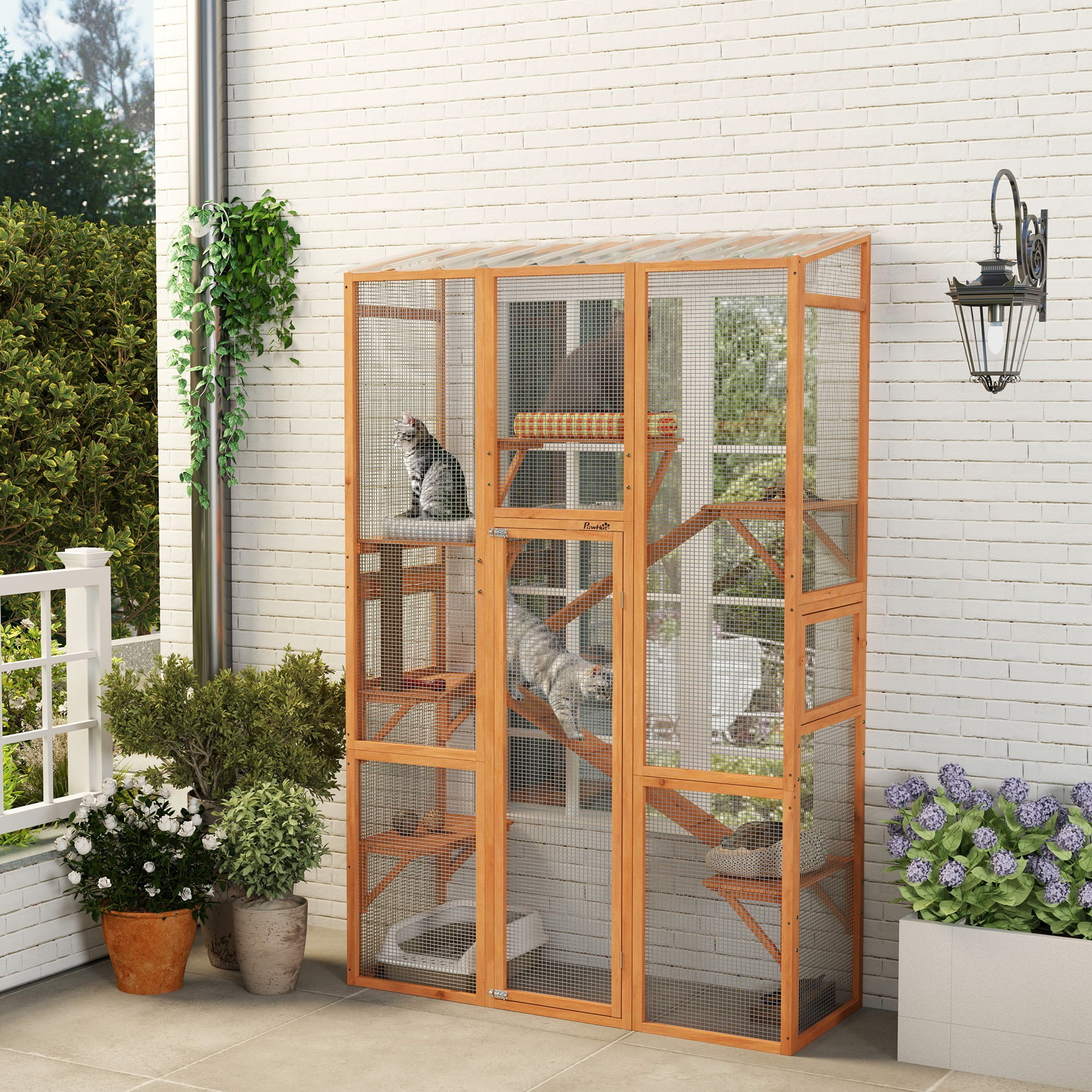 Large Wooden Outdoor Cat Enclosure with Ramps and Platforms