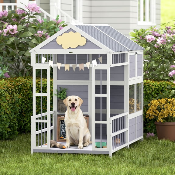 PawHut Outdoor Dog House, 79"L Wooden Dog House with Porch, Storage Cabinet, Weatherproof Roof, Elevated Base, Air Vents & Observation Windows
