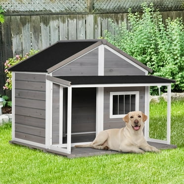 PawHut Outdoor Dog House Cabin Style, Wooden Raised Pet Kennel with Asphalt Roof, Front Door, Side Window, Porch for Medium/Large Dogs, Loading 53 Lbs., Grey