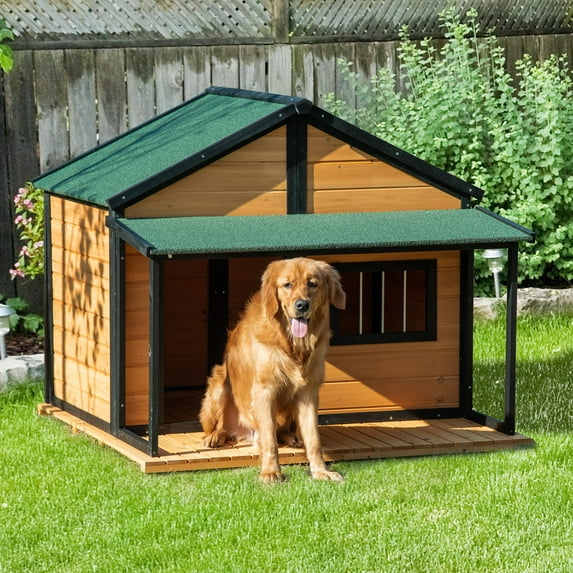 PawHut Outdoor Dog House Cabin Style, Wooden Raised Pet Kennel with Asphalt Roof, Front Door, Side Window, Porch for Medium/Large Dogs, Loading 53 Lbs., Yellow