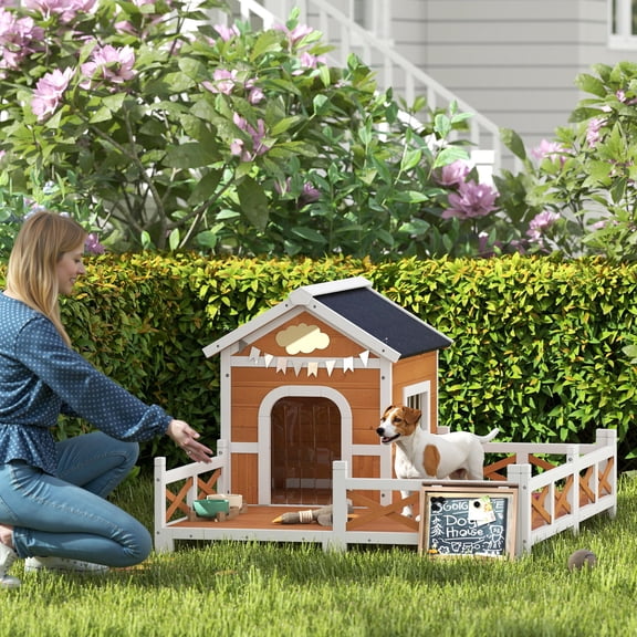 PawHut Outdoor Dog House, Wooden Dog Shlter with Large Porch, Weatherproof & Openable Roof, Elevated Base, Removable Floor