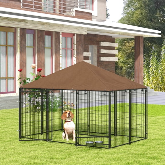 PawHut Outdoor Dog Kennel, 6.9' x 4.6' x 5' Puppy Play Pen with Canopy Garden Playpen Fence Crate Enclosure Cage Rotating Bowl, Black