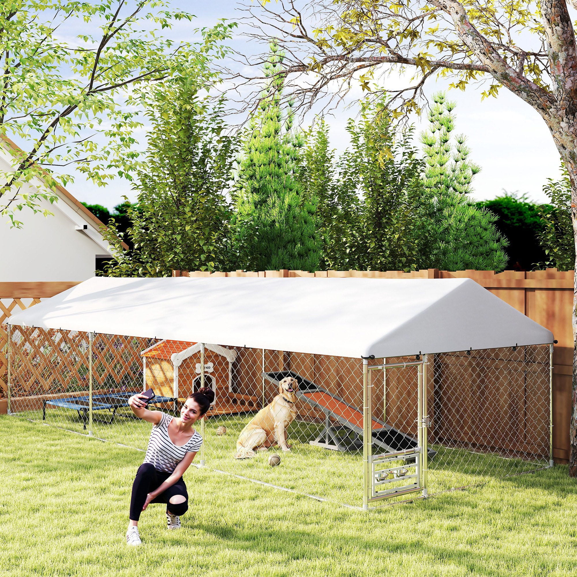 PawHut Outdoor Dog Kennel, Heavy Duty Dog Kennel Outside with Adjustable & Rotatable Bowl Rack, Waterproof Cover, Secure Lock, 19.7' x 7.5' x 5.2'