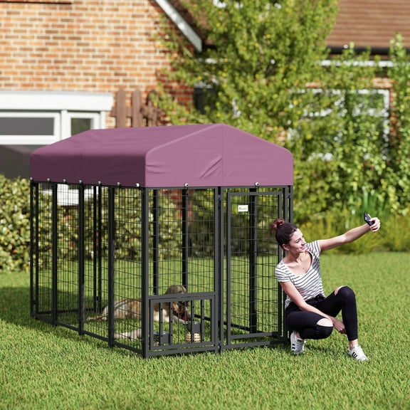 PawHut Outdoor Dog Kennel, Welded Wire Dog Run with 360° Rotating & 4 Levels Adjustable Bowls, Waterproof & UV Resistant Cover, 7.9' x 4' x 6'