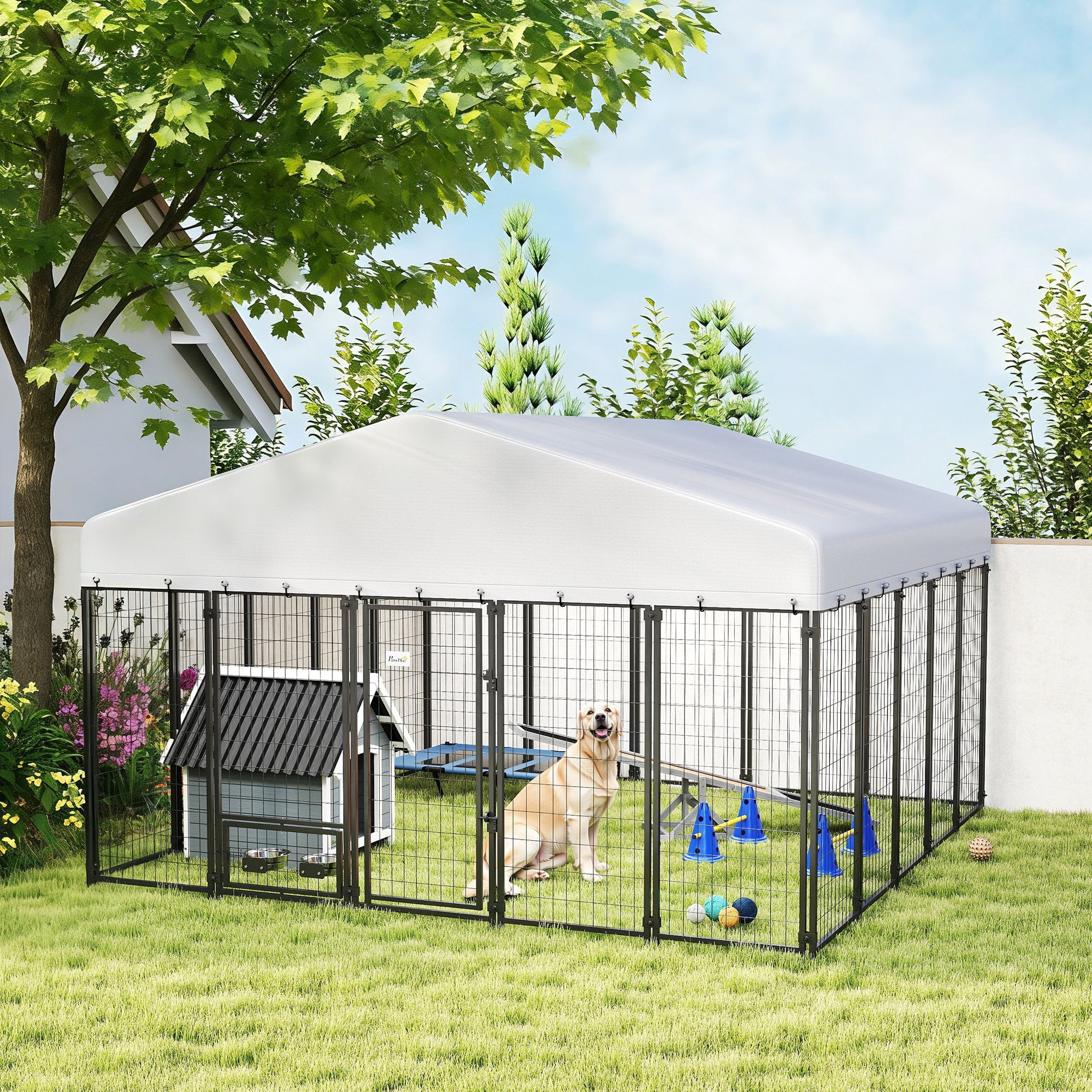 PawHut Outdoor Dog Kennel, Welded Wire Dog Run with 360° Rotating & 4 Levels Adjustable Bowls, Waterproof & UV Resistant Cover, 9.8' x 9.8' x 6.8'