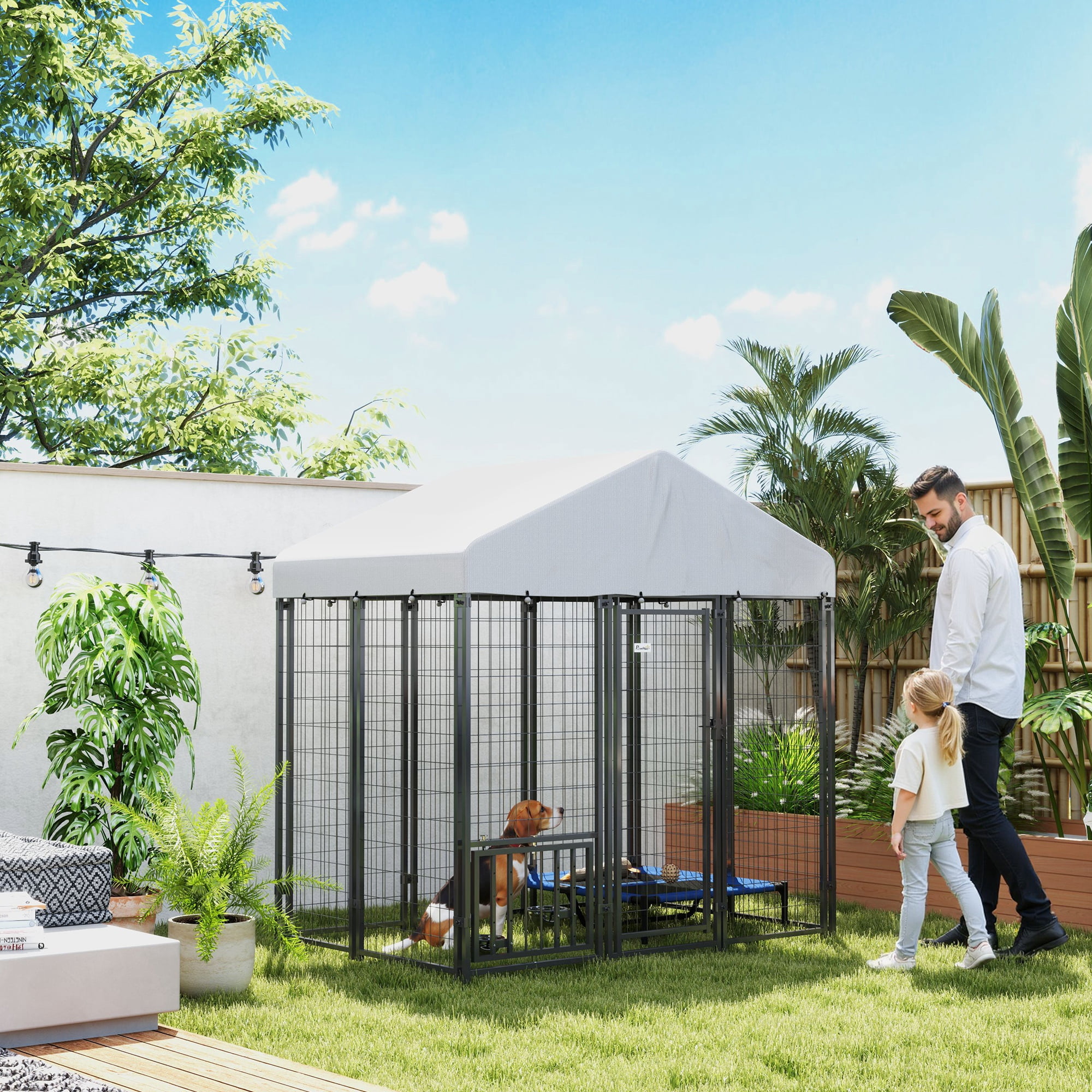 PawHut Outdoor Dog Kennel with Roof, 5.9' x 4' x 6' Heavy Duty Welded Wire Dog Playpen Fence with Rotating & 4-Level Adjustable Feeding Bowls