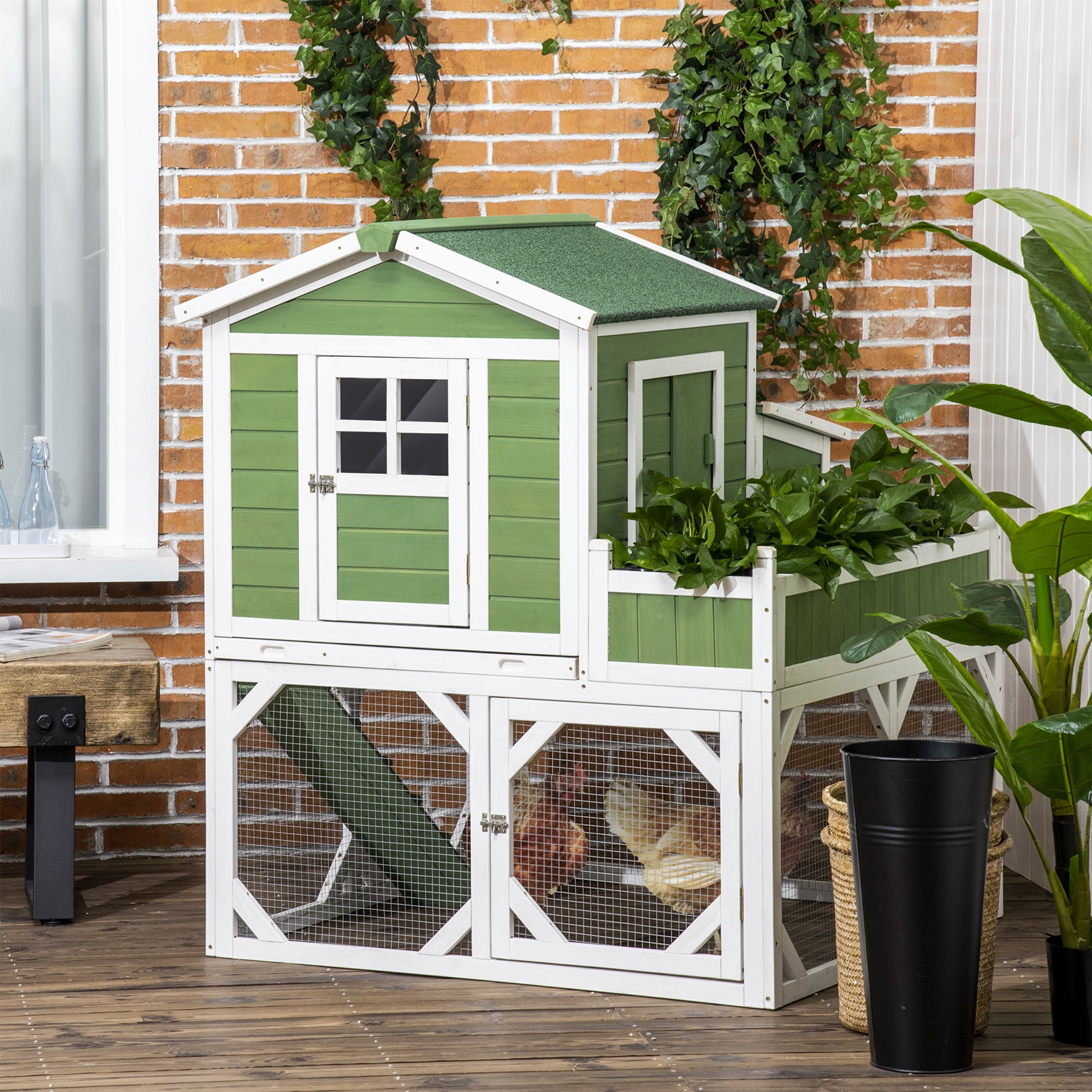 Green and White Wooden Chicken Coop with Planter Box