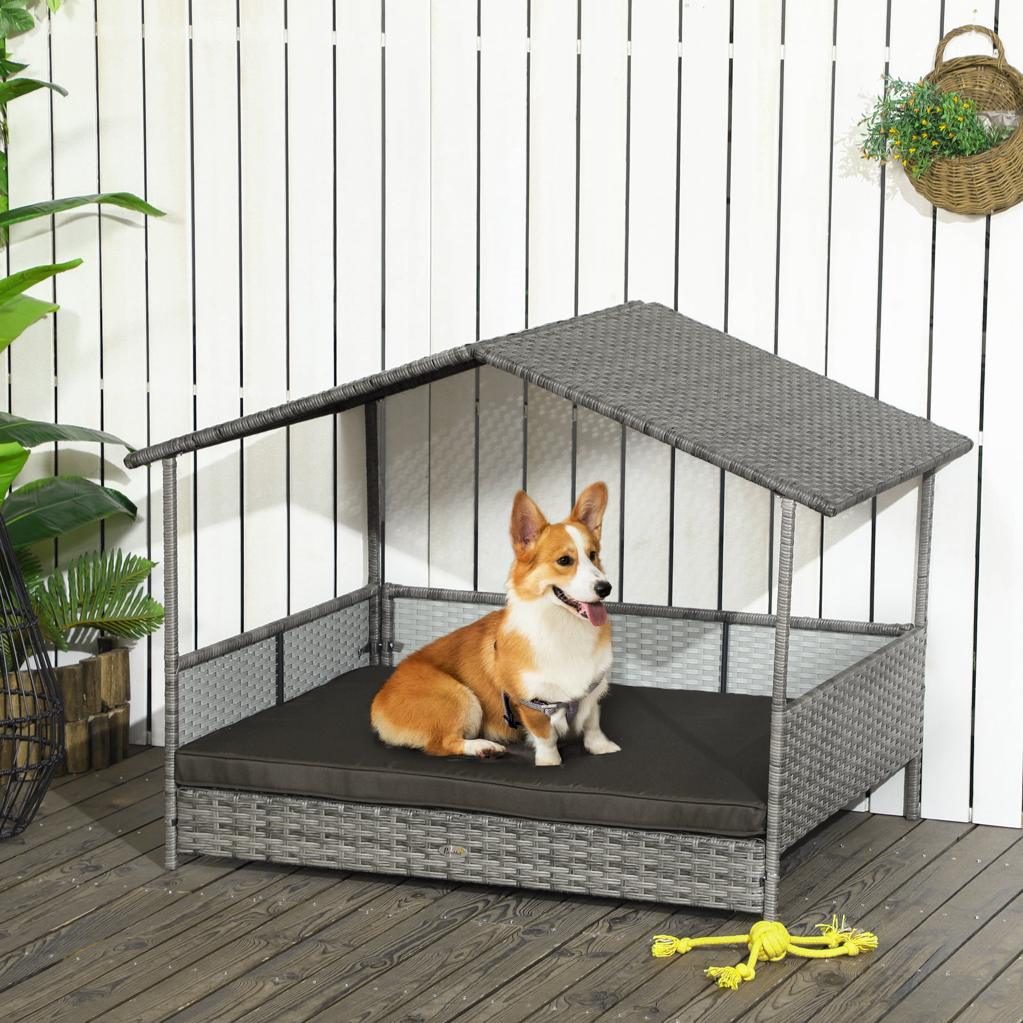 Charcoal Gray Elevated Wicker Outdoor Dog Bed with Canopy