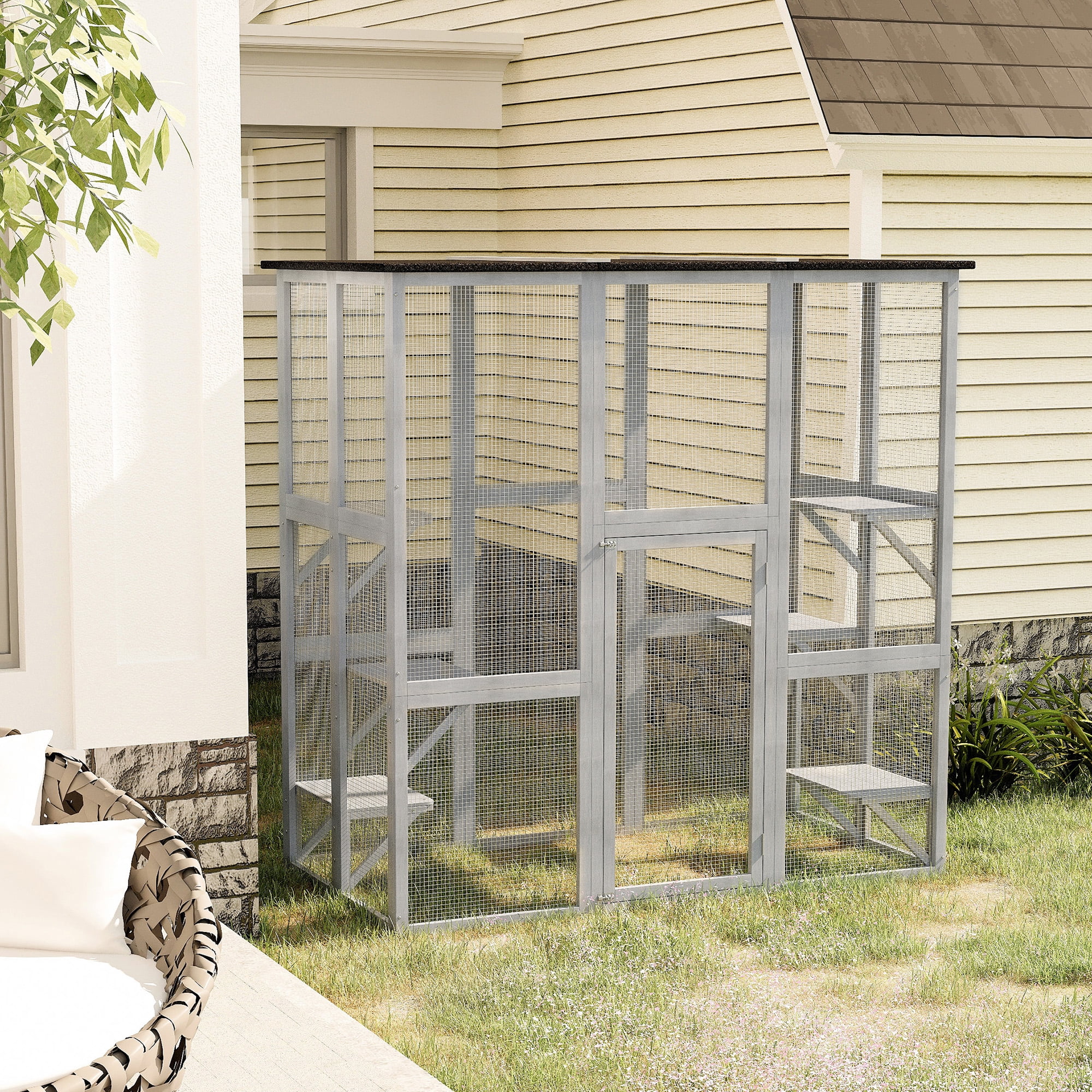 PawHut Large Outdoor Weatherproof Pet Covered Wooden Cat House with 6 High Ledges 71 in Gray Walmart