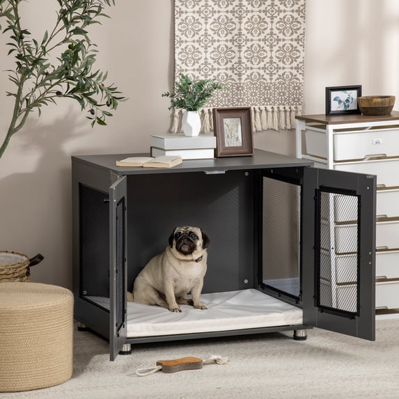 PawHut Dog Crate Furniture with Water-resistant Cushion, Dog Crate End Table with Double Doors, Indoor Pet Crate for Small Medium Dogs Indoor Use, Charcoal Grey