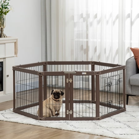 PawHut Pet Playpen Heavy Duty, Dog Exercise Pen Foldable with Door, Brown
