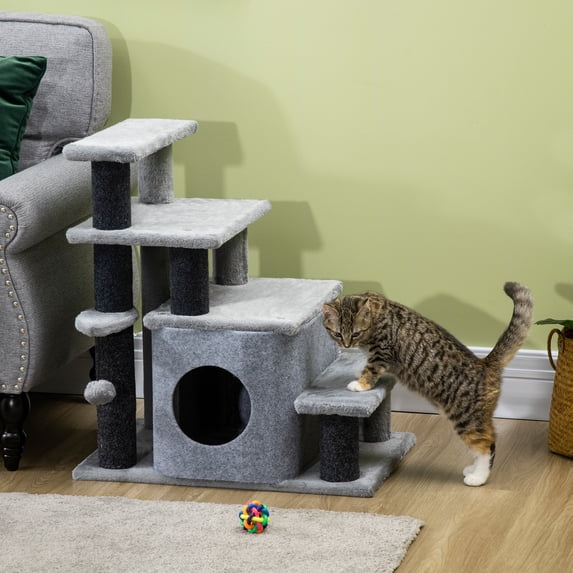 PawHut Pet Stairs, Adjustable Height 3 Step/4 Step Cat Steps, Gray