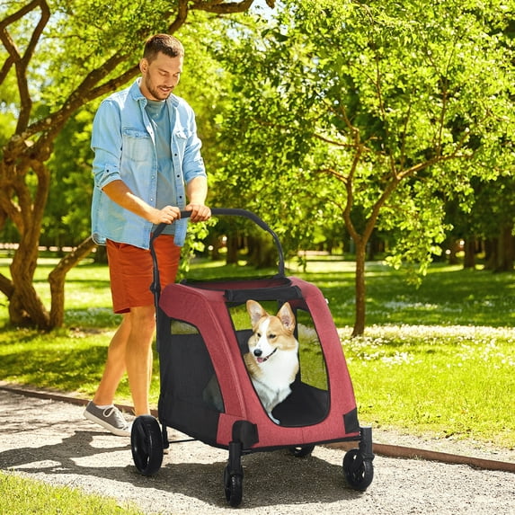PawHut Pet Stroller Universal Wheel with Storage Basket Ventilated Oxford Fabric for Medium Size Dogs, Red