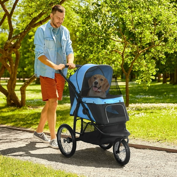 PawHut Pet Stroller for Small Dogs and Medium Dogs, Foldable Cat Pram, Dog Pushchair with Adjustable Canopy, 3 Big Wheels, Blue