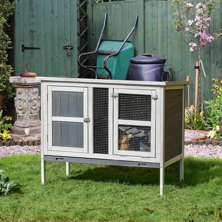 Pawhut Rabbit Hutch Elevated with Slide-Out Tray & Openable Top 40" x 22" x 34", Grey