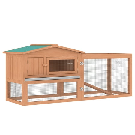 PawHut Rabbit Hutch 2-Story Bunny Cage Small Animal House with Slide Out Tray, Detachable Run, for Indoor Outdoor, 61.5" x 23" x 27", Natural