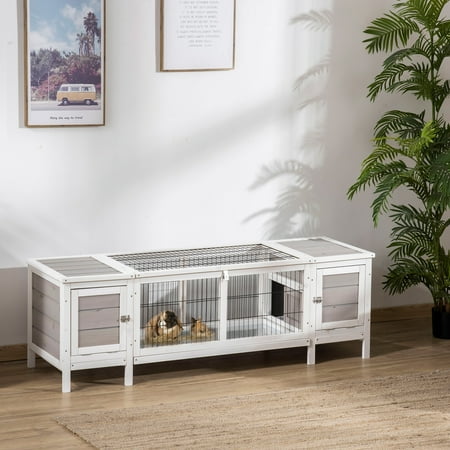 PawHut Rabbit Hutch, Bunny Cage, Guinea Pig House with Pull-Out Tray and Divided Board for Indoor, White